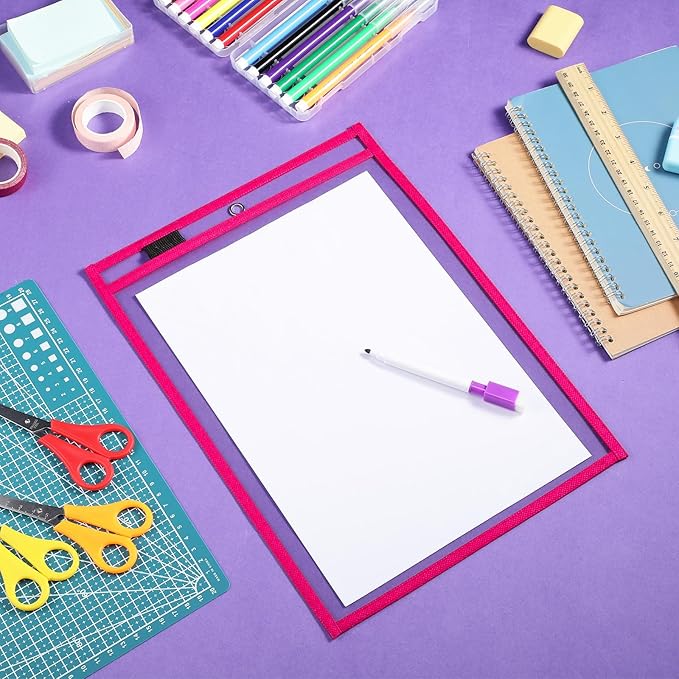 Nezyo Dry Erase Pockets Plastic Job Ticket Holders Shop Holder Order Pockets Clear Sleeves Tickets Folders Plastic Sleeves Paper Teacher Supplies for Classroom(14 x 10 in,Rose Red,50 Pcs)