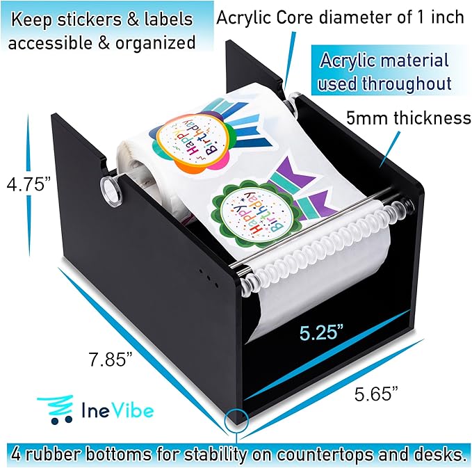 Manual Label Sticker Dispenser for Rolls of Stickers - Adjustable Tabletop Acrylic Holder for Multiple Rolls in Classroom, Business, Home