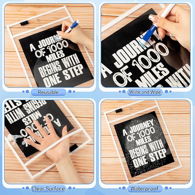 Seajan 120 Pcs Clear Dry Erase Pockets Plastic Sleeves for Paper 14 x 10 Inch Reusable Job Holder Shop Ticket Holders Order Pockets Organizer Teacher Supplies for Classroom (White)