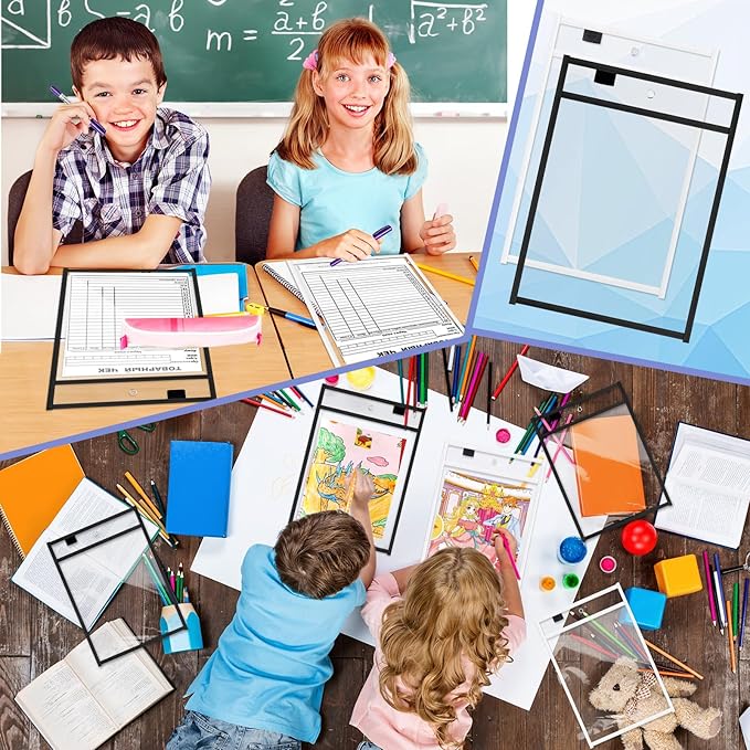 Seajan 120 Pcs Clear Dry Erase Pockets Plastic Sleeves for Paper 14 x 10 Inch Reusable Document Holder Shop Ticket Holders Dry Erase Pocket Organizer Teacher Supplies for Classroom (Black, White)