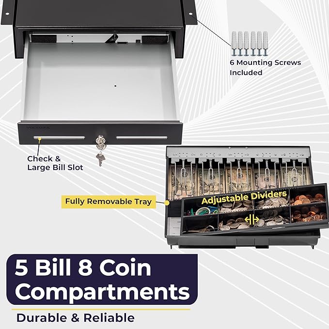 Volcora Cash Register Drawer with Under Counter Mounting Bracket - 16" Black Drawer for POS, 5 Bill 8 Coin Compartment, Fully Removable 2 Tier Cash Tray, 24V RJ11/RJ12 Key-Lock, Double Media Slot