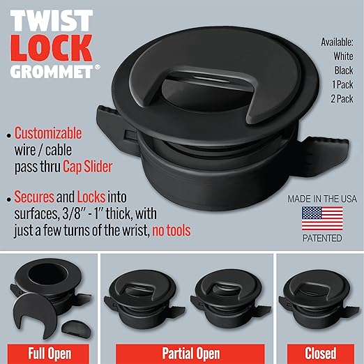 (1-Pack Black) Cable, Wire & Cord Management - Self Locking Grommet with Cover for Walls, Ceilings, Desks, Used for All Surfaces 3/8” to 1” Thick, Made in USA