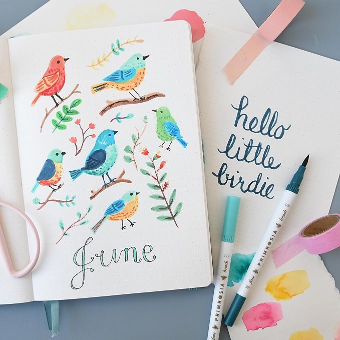 Primrosia Fauna - 60 Dual Tip Watercolor Brush and Fine Tip Pens. Marker Pens for Art Sketching Illustration Calligraphy Permanent Highlighter Bullet Journal Drawing Adult Coloring