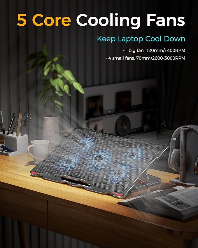 AICHESON Laptop Cooling Pad 5 Fans Up to 17.3 Inch Heavy Notebook Cooler, Blue LED Lights, 2 USB Ports, S035, Blue-5fans
