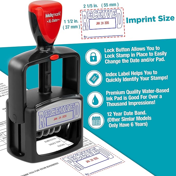 MaxMark Heavy Duty Style 3 Date Stamp with Entered self Inking Stamp - 2 Color Blue/Red Ink