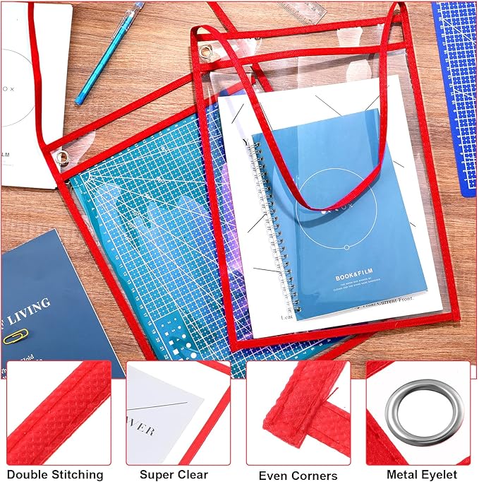 Epakh 30 Pack Office Products Shop Ticket Holders with Hanging Strap 9 x 12 Inches, Dry Erase Pockets, Job Ticket Holders, Both Sides Clear, Welcome to Work Order(Red)