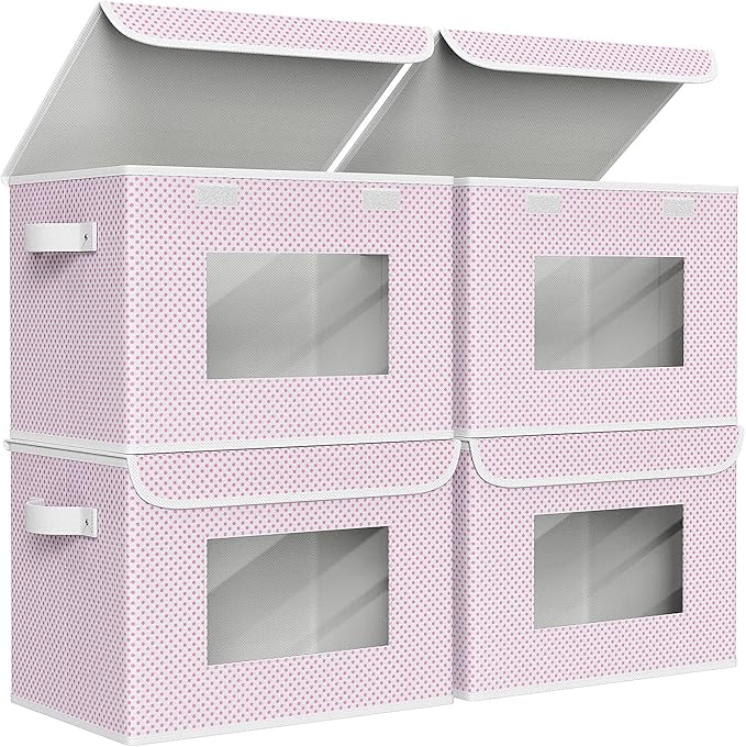Univivi Fabric Foldable Storage Boxes [4-Pack] Large Collapsible Stackable Storage Bins with Lids, Closet Organizers and Storage Cube Basket for Home, Office, Bedroom (Pink, 17”x 12” x 12”)